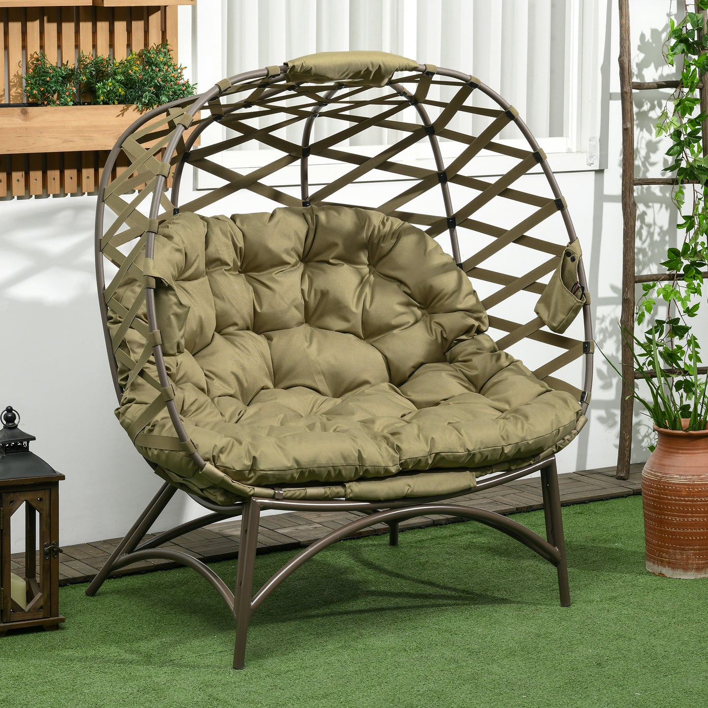 Fotel ogrodowy Outsunny 2-osobowy Egg Chair Outdoor, składany, pleciony, z poduszką i kieszeniami na kubki – khaki