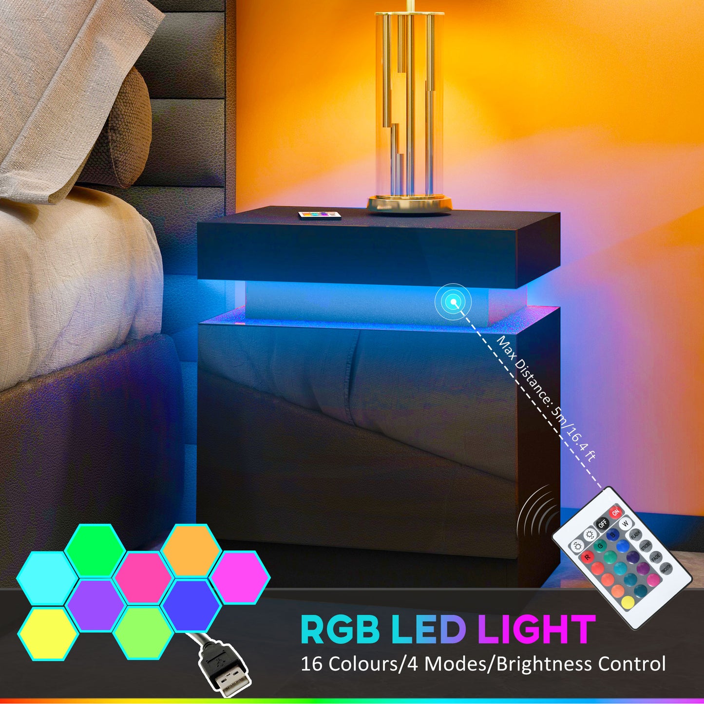 HOMCOM Black Bedside Table with LED Light, High Gloss Front Nightstand with 2 Drawers, for Living Room, Bedroom