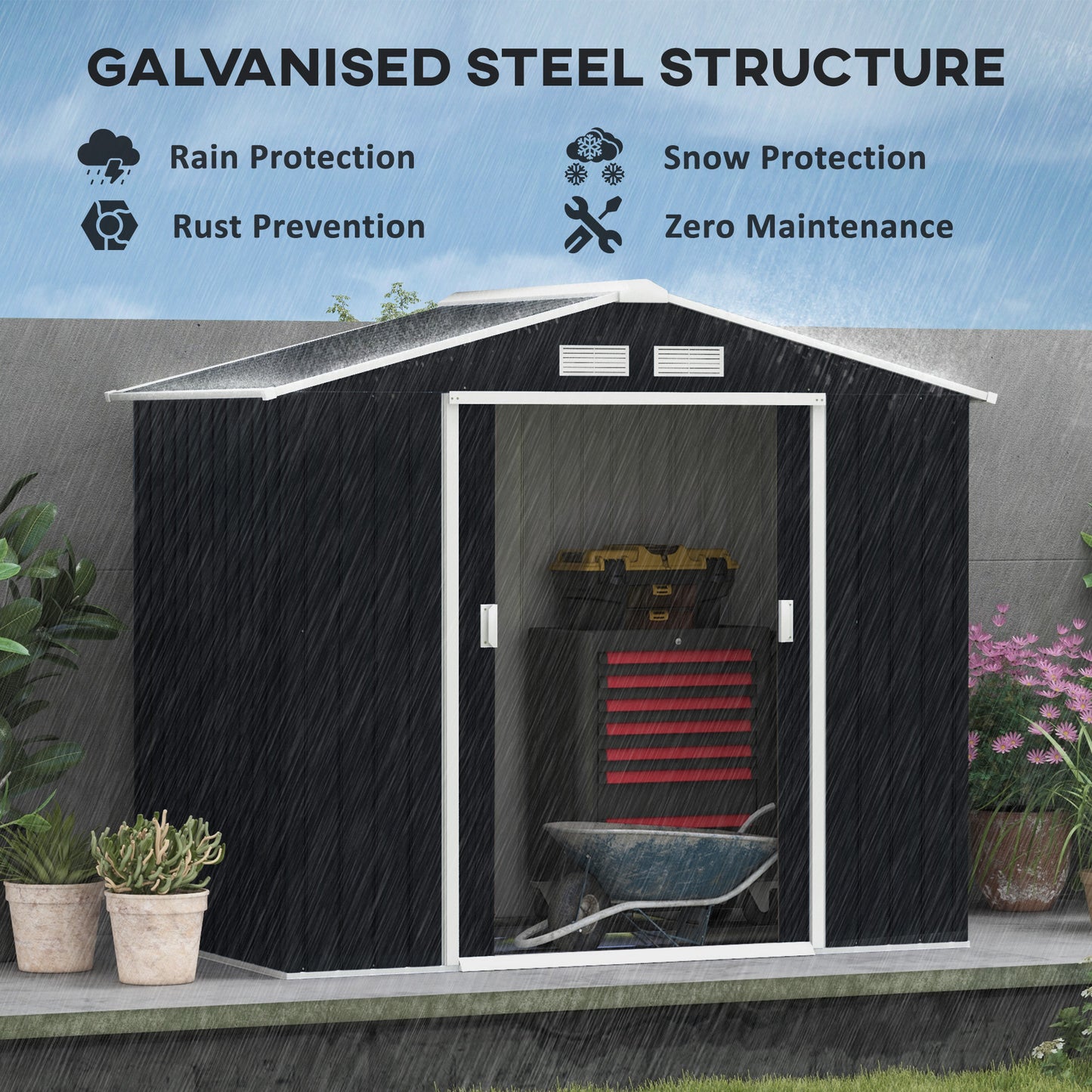 Outsunny 7 x 4ft Weatherproof Shed, zewnętrzna szopa na rowery z otworami wentylacyjnymi, zestawem fundamentowym i zamykanymi podwójnymi drzwiami, ciemnoszary