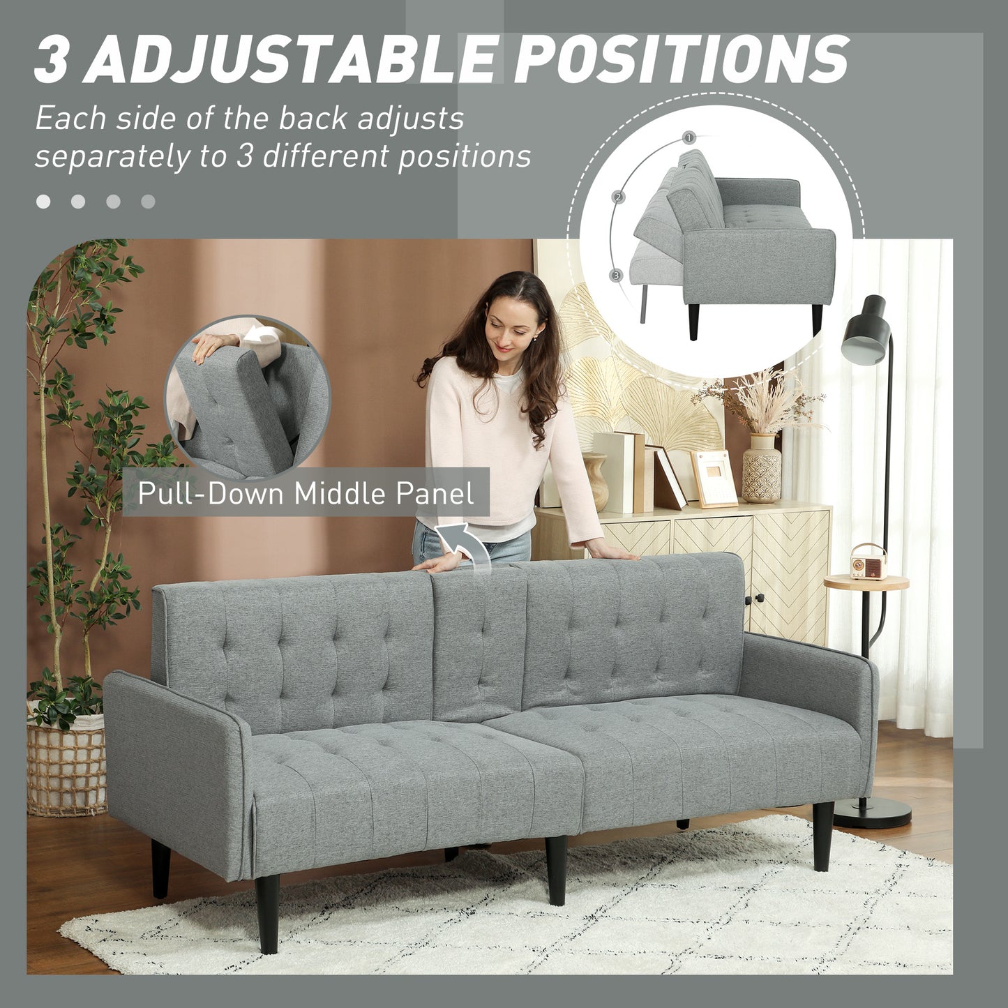 HOMCOM Upholstered Click Clack Sofa Bed, Linen-Feel 3 Seater Sofa Bed with Storage and Cupholders, Light Grey