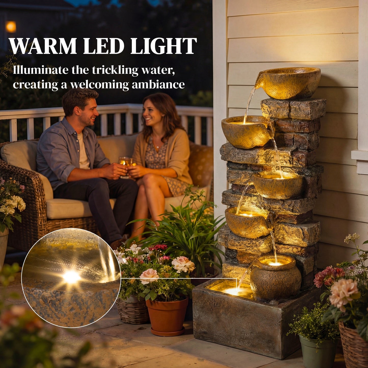 Outsunny 28" 5-Tier Outdoor Fountain, Cascading Waterfall Feature with LED Lights, Adjustable Flow, Rustic Brown