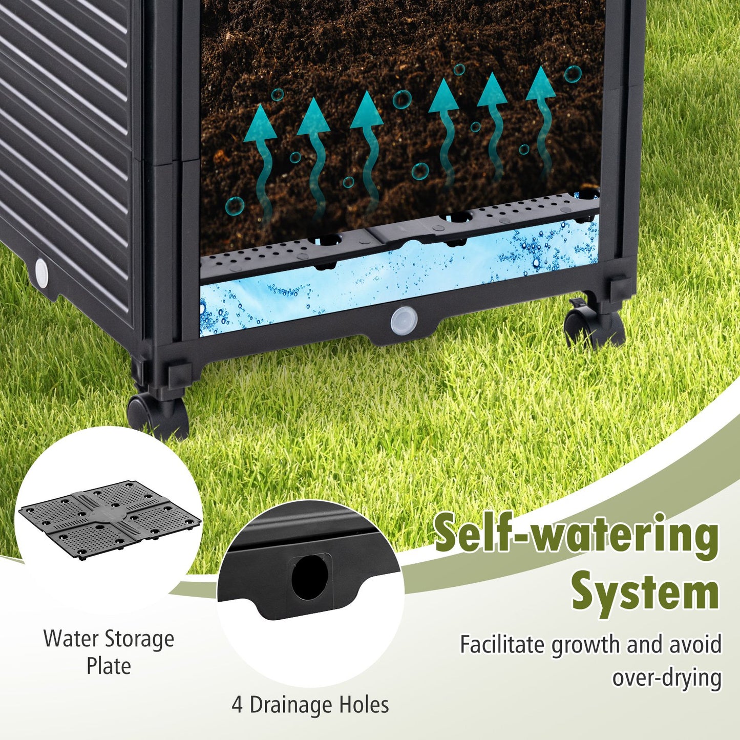 Raised Garden Bed with Trellis with Self-Drainage and Wheels for Yard Lawn-Black