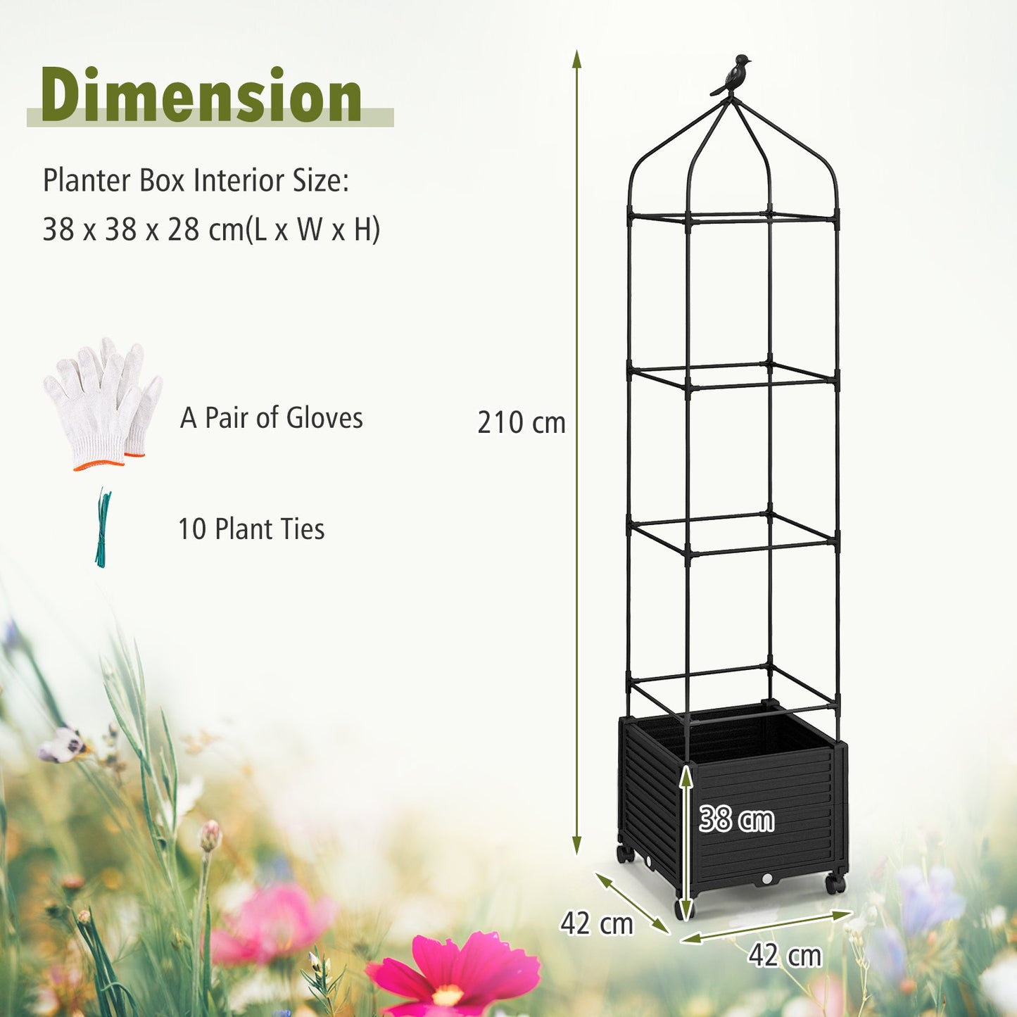 Raised Garden Bed with Trellis with Self-Drainage and Wheels for Yard Lawn-Black