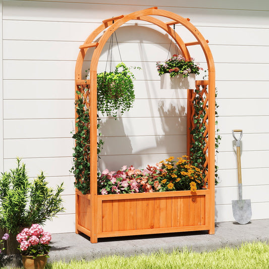 Raised Garden Bed with Arch Trellis Wood Planter Box with Liner-Brown