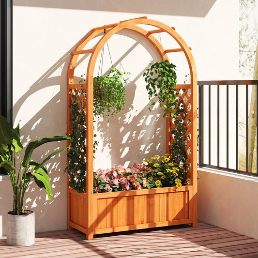 Raised Garden Bed with Arch Trellis Wood Planter Box with Liner-Brown