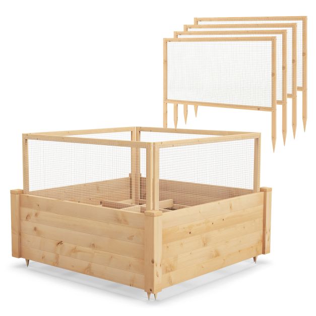 Raised bed with fence Wooden plant box with 4-sided protective fence & plant grid 107 x 107 x 70 cm