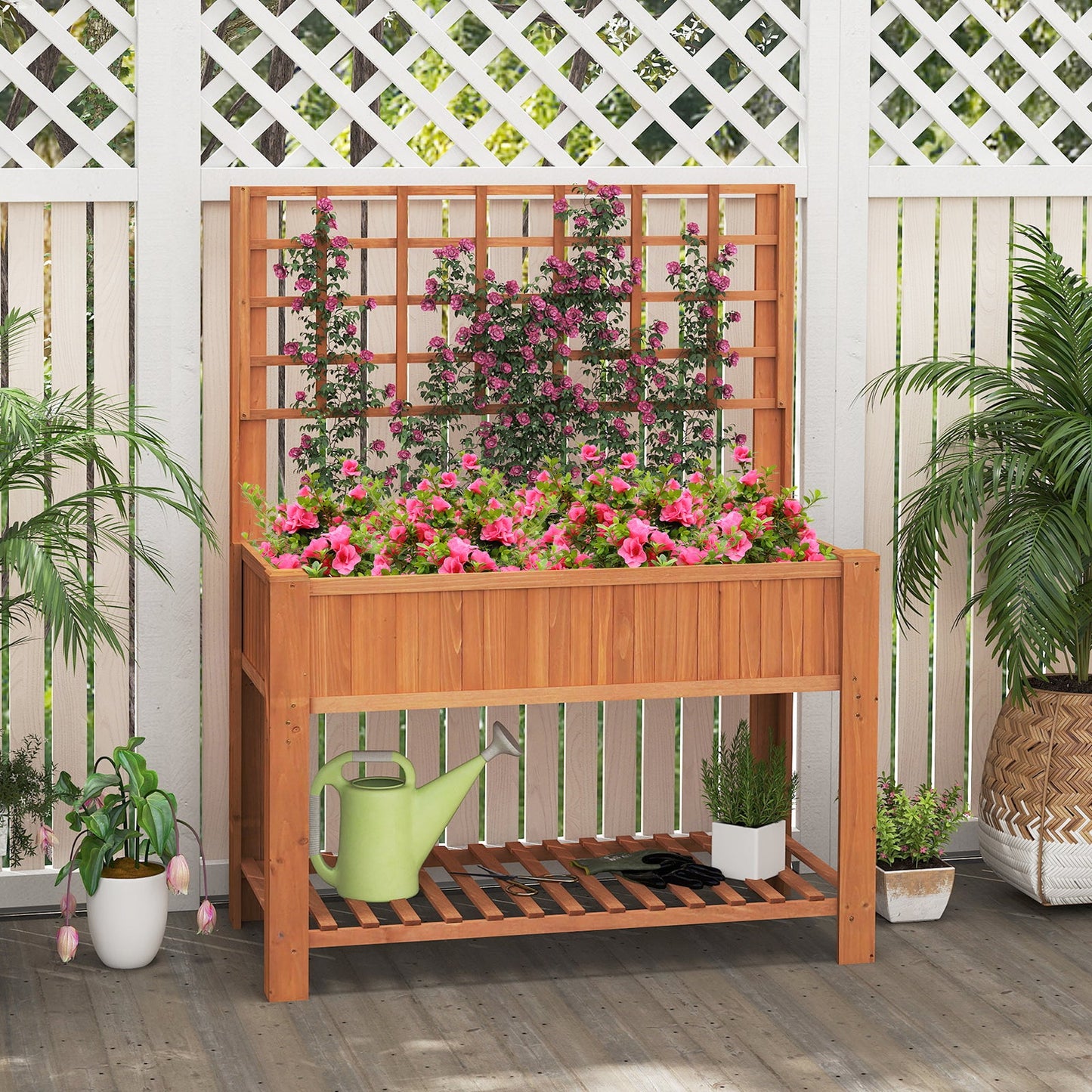 Raised Garden Bed with Trellis Wooden Elevated Planter Box with Legs-Brown