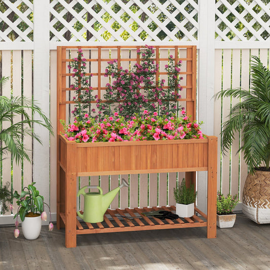 Raised Garden Bed with Trellis Wooden Elevated Planter Box with Legs-Brown