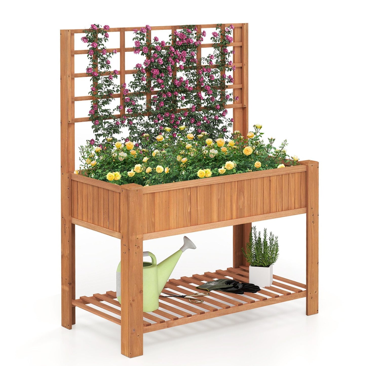 Raised Garden Bed with Trellis Wooden Elevated Planter Box with Legs-Brown