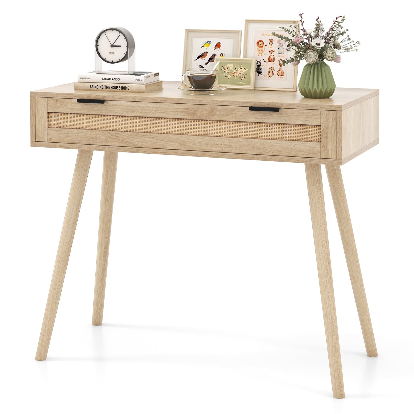 Rattan Console Table with Pull-out Drawer-Natural