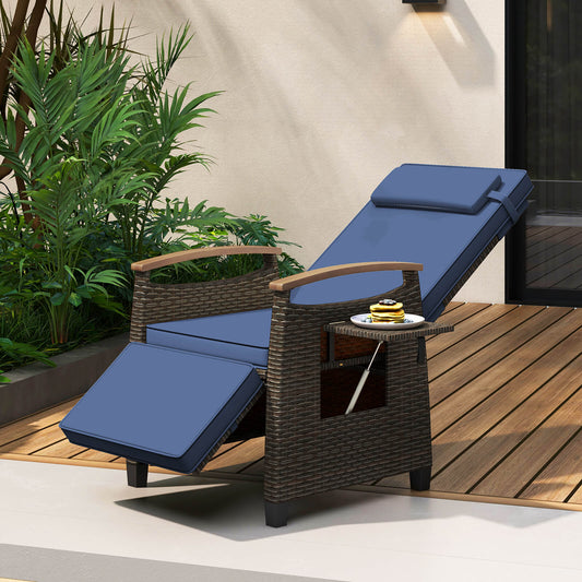 Patio Rattan Lounge Chair Recliner with Adjustable Footrest and Side Table-Navy