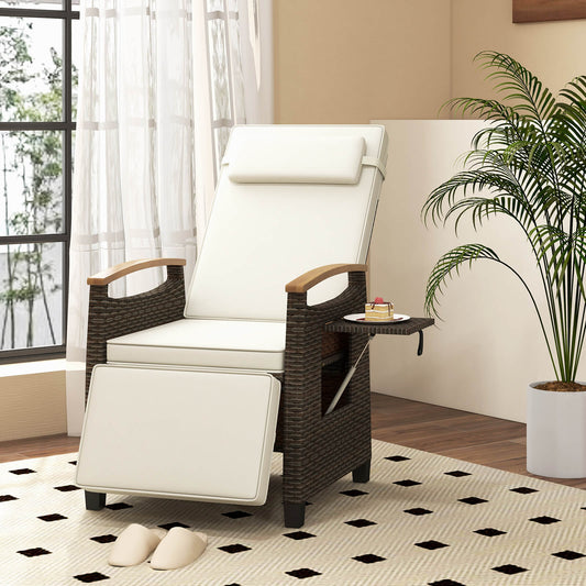 Patio Rattan Lounge Chair Recliner with Adjustable Footrest and Side Table-Off White