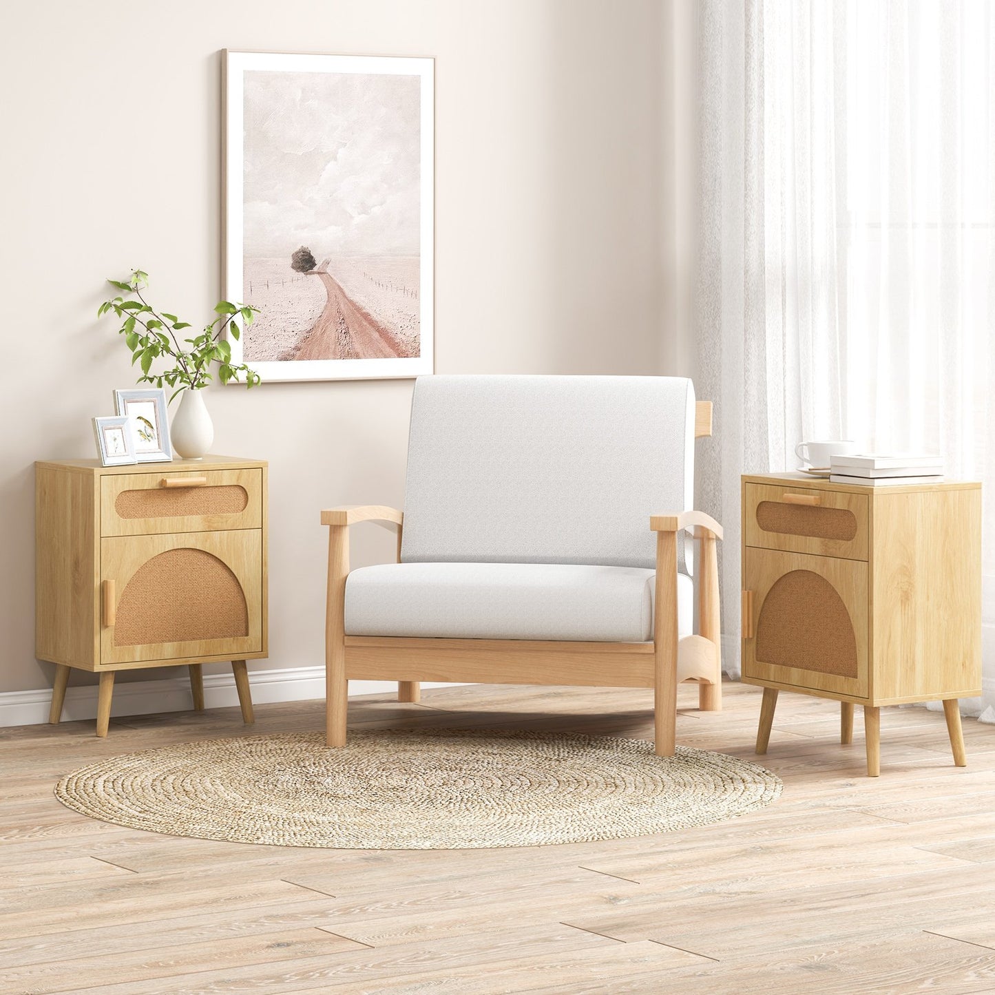 Rattan Nightstand Boho Bedside Table with Rattan-decorated Door-Natural