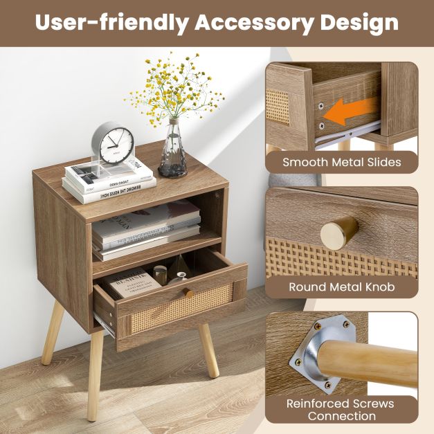 Rattan Nightstand Set of 2 with Rattan Drawer and Open Shelf-Natural