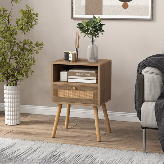 Rattan Nightstand Set of 1 with Rattan Drawer and Open Shelf-Natural
