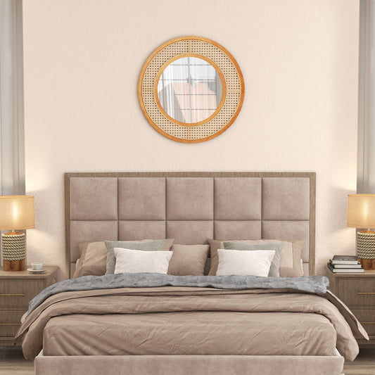 Rattan Round Wall Mirror with Aluminum Glass and Metal Hook -Natural