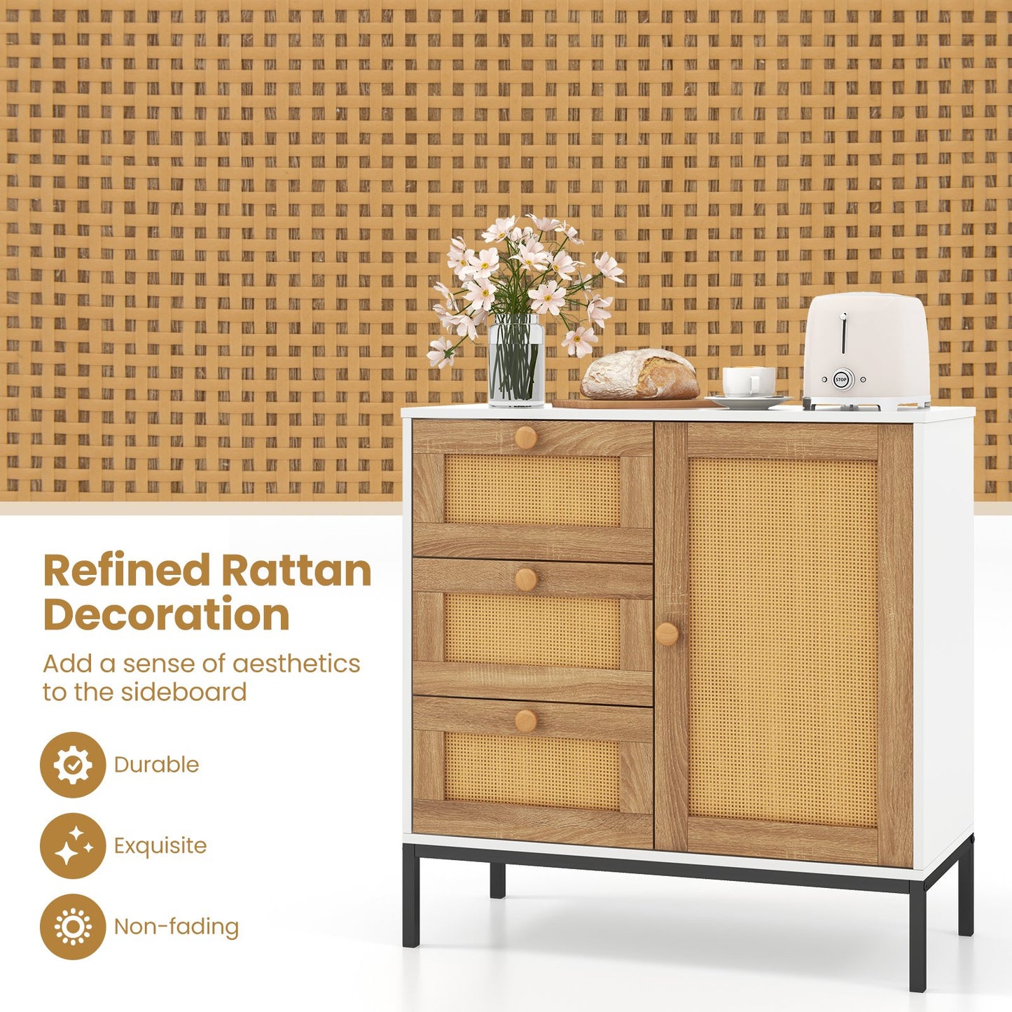 Rattan Sideboard Buffet Cabinet with 1 Door and 3 Drawers-White
