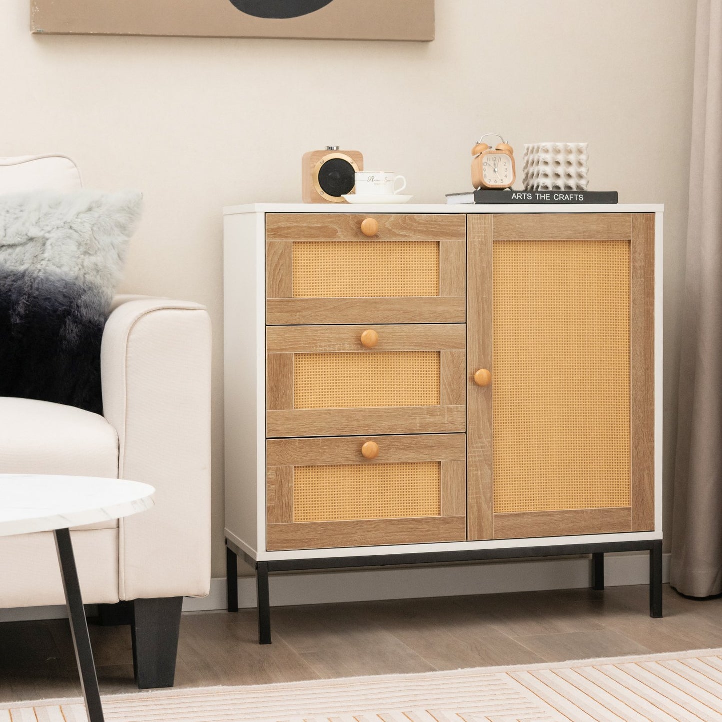 Rattan Sideboard Buffet Cabinet with 1 Door and 3 Drawers-White