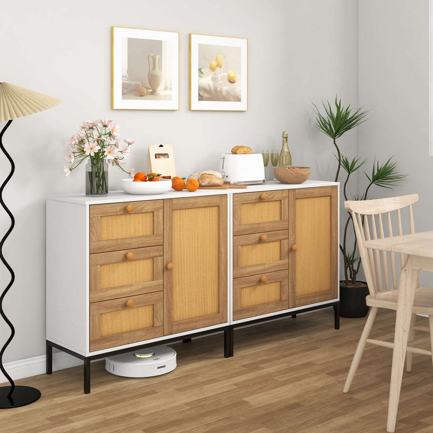 Rattan Sideboard Buffet Cabinet with 1 Door and 3 Drawers-White