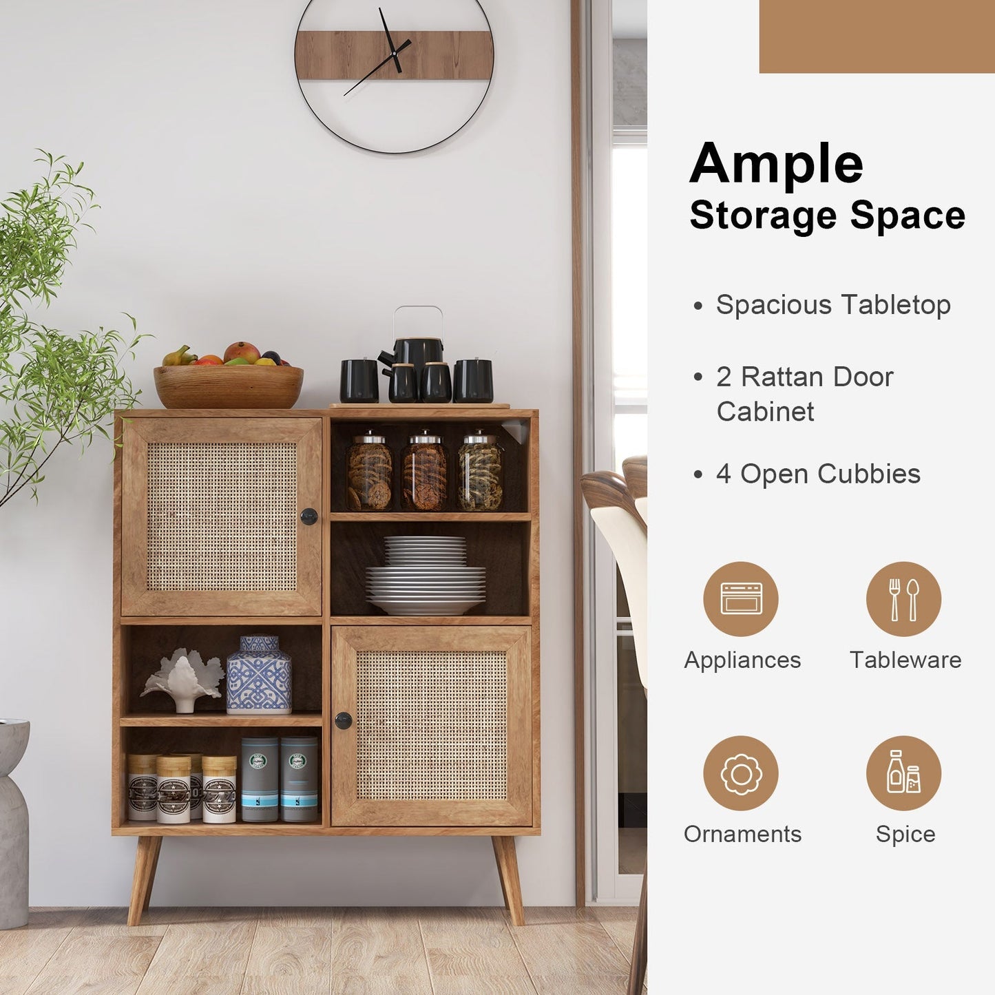 Rattan Sideboard Buffet Cabinet with 4 Cubbies and 2 Rattan-decorated Doors-Brown