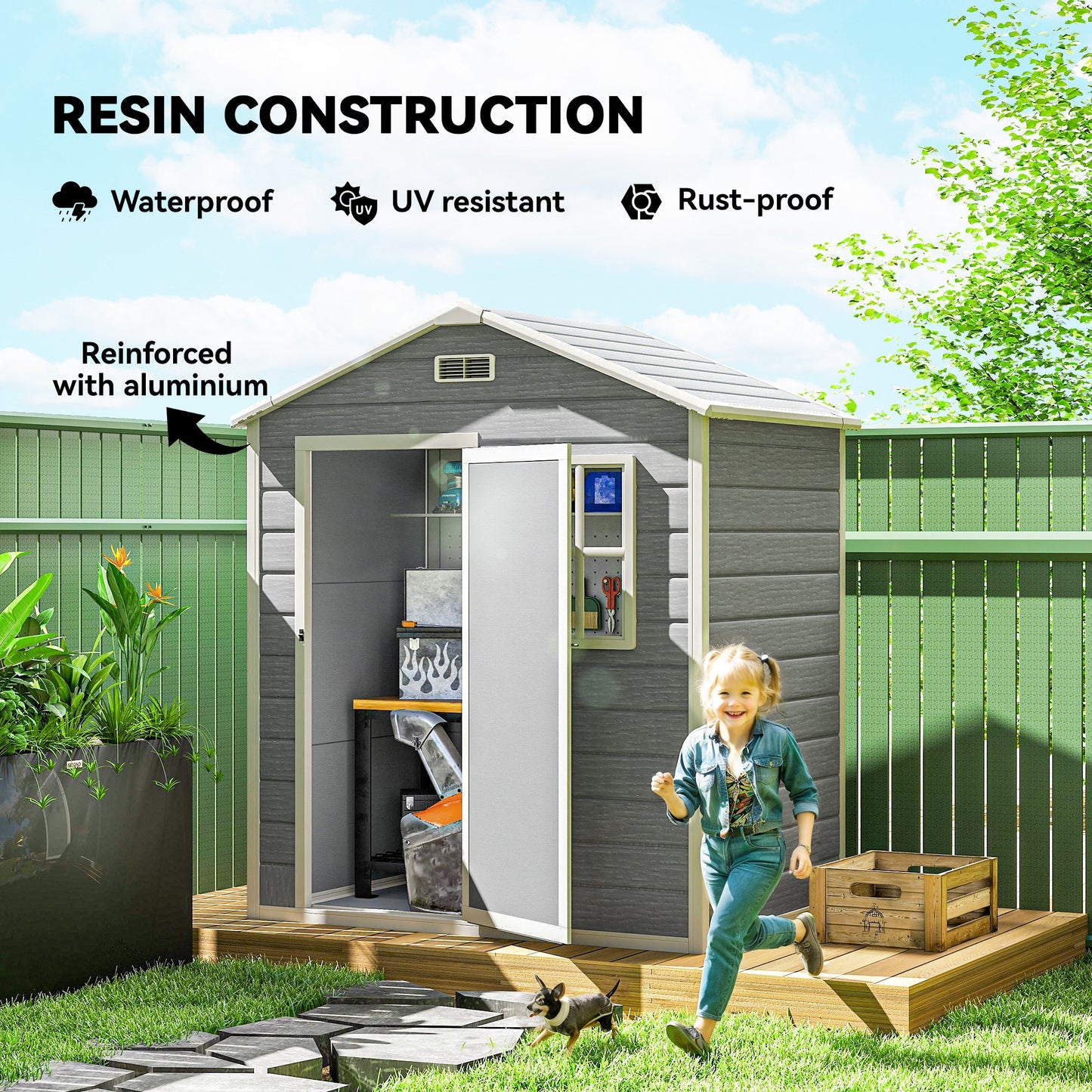 Outsunny 6 x 4ft Garden Shed, plastikowa szopa z podłogą, oknem, zamykanymi drzwiami i otworami wentylacyjnymi, imitacja drewna, szopa narzędziowa z żywicy na zewnątrz, szara