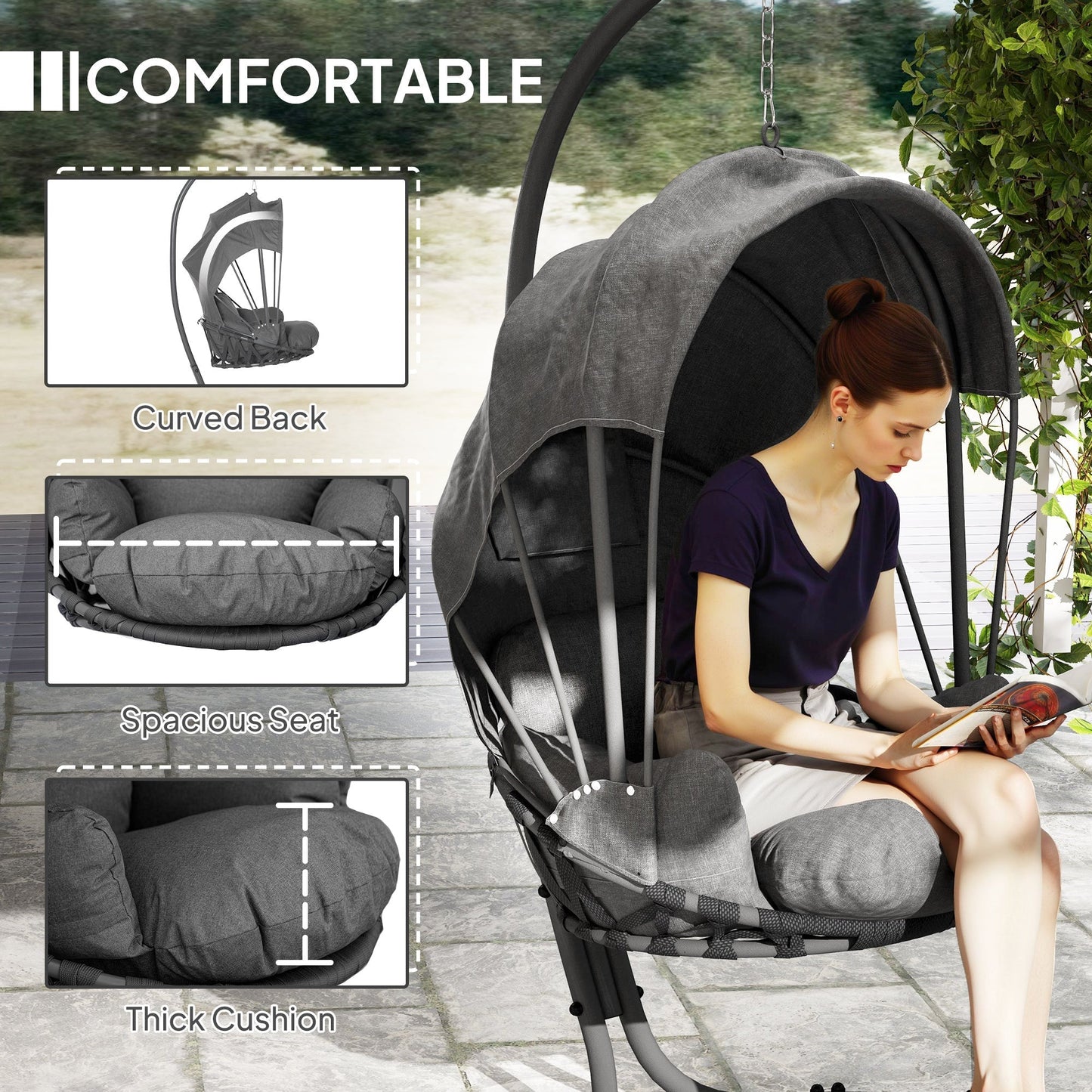 Outsunny Hanging Egg Chair Swing Hammock Chair with Stand, Cushion and Retractable Canopy, for Indoor and Outdoor, Grey