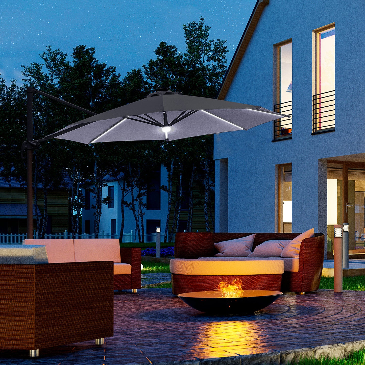 Outsunny 3(m) Parasol zewnętrzny LED Cantilever z podstawą i lampami solarnymi, szary