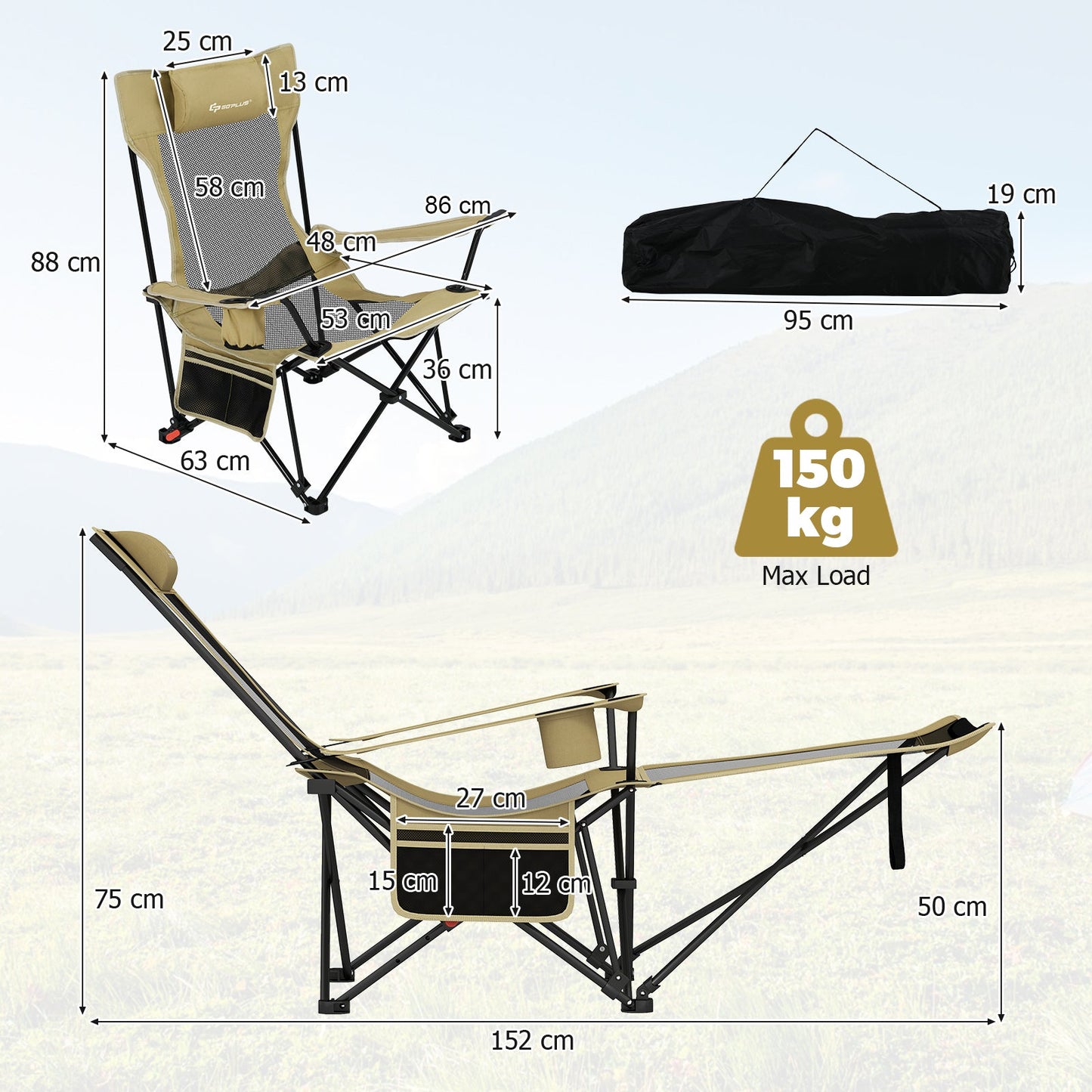Reclining Camping Chair with Removable Footrest for Hiking Fishing-Green