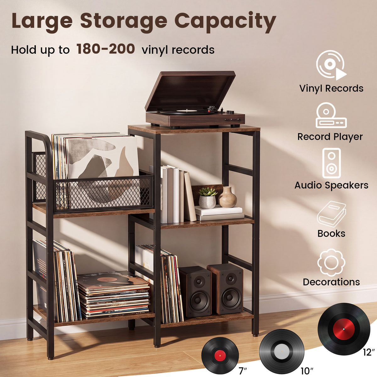 Record Player Stand Holds Up to 180-200 Albums with Vinyl Record Storage-Rustic Brown