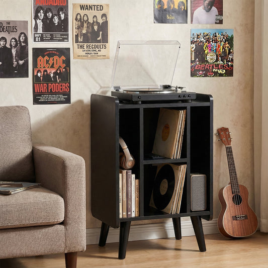 Record Player Stand with 4 Open Shelves Power Outlet USB Charging Port-Black