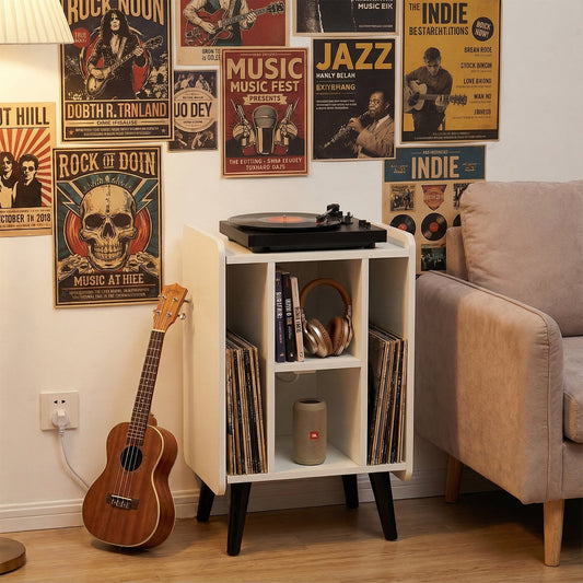Record Player Stand with 4 Open Shelves Power Outlet USB Charging Port-White