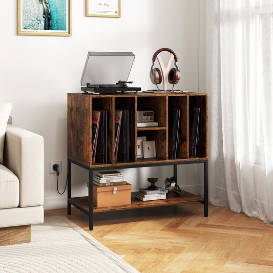 Record Player Stand with Charging Station for Living Room-Rustic Brown