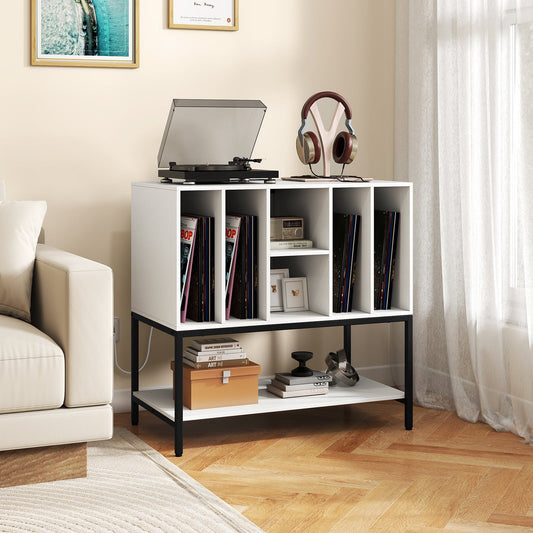 Record Player Stand with Charging Station for Living Room-White