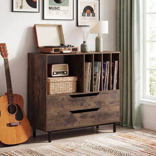 Record Player Stand Mid Century Turntable Stand with Open Compartment-Brown