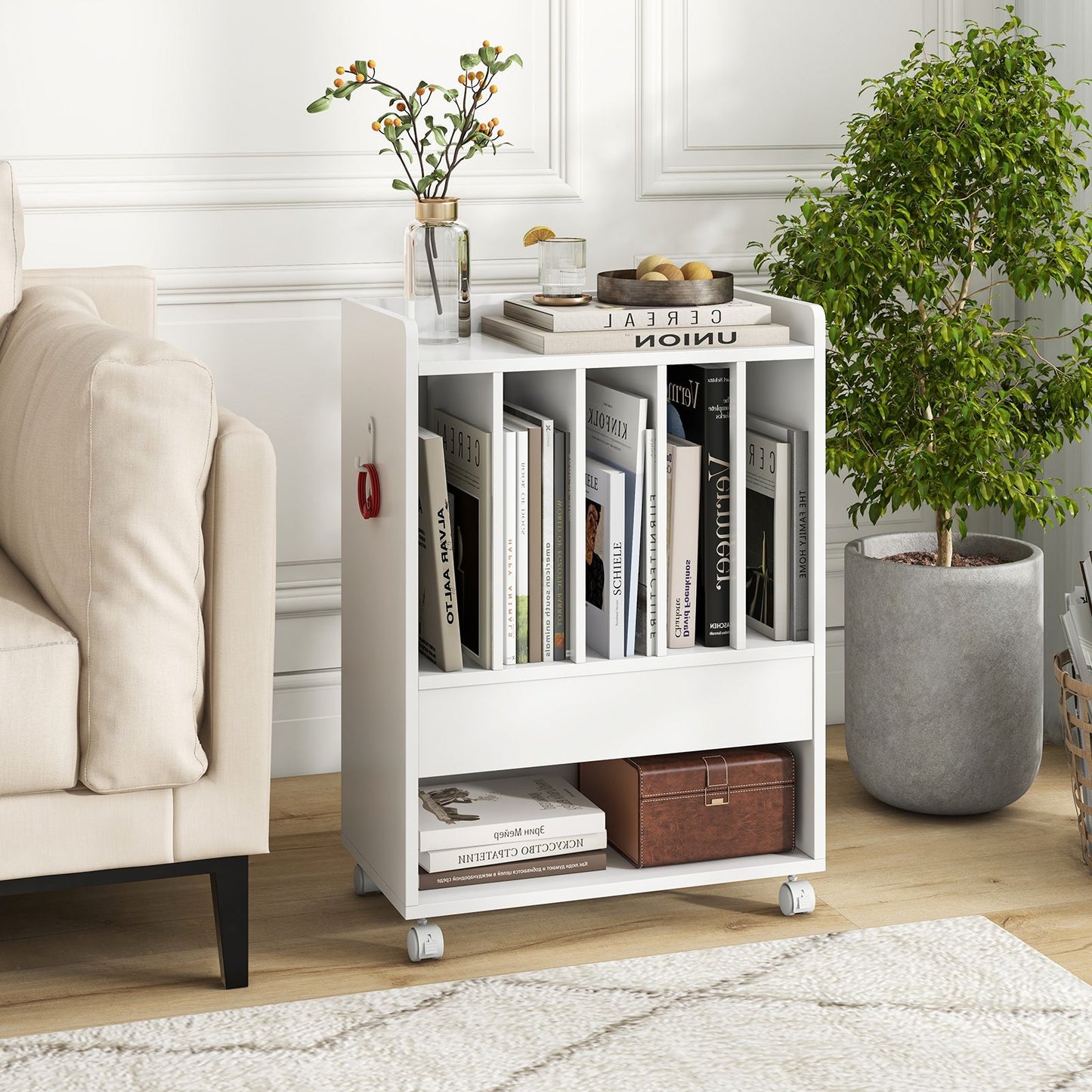 Rolling Record Player Stand with Drawer Hook and Lockable Wheels-White
