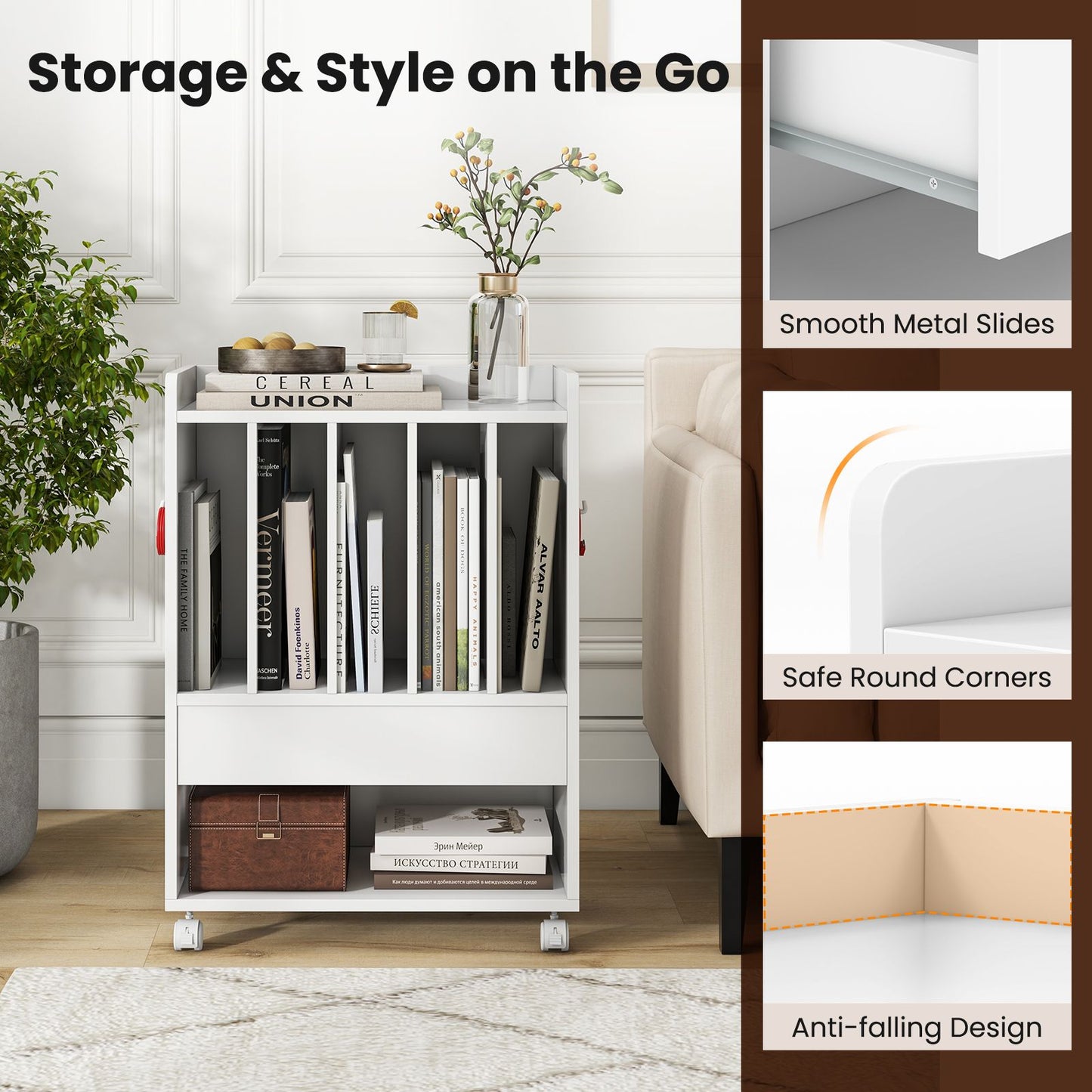 Rolling Record Player Stand with Drawer Hook and Lockable Wheels-White