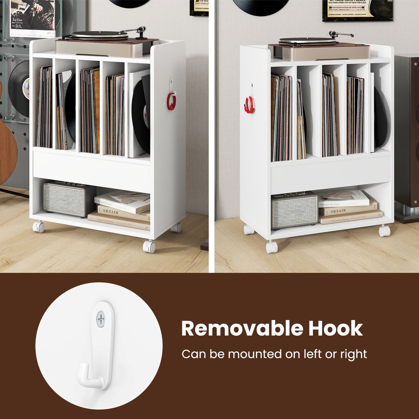 Rolling Record Player Stand with Drawer Hook and Lockable Wheels-White