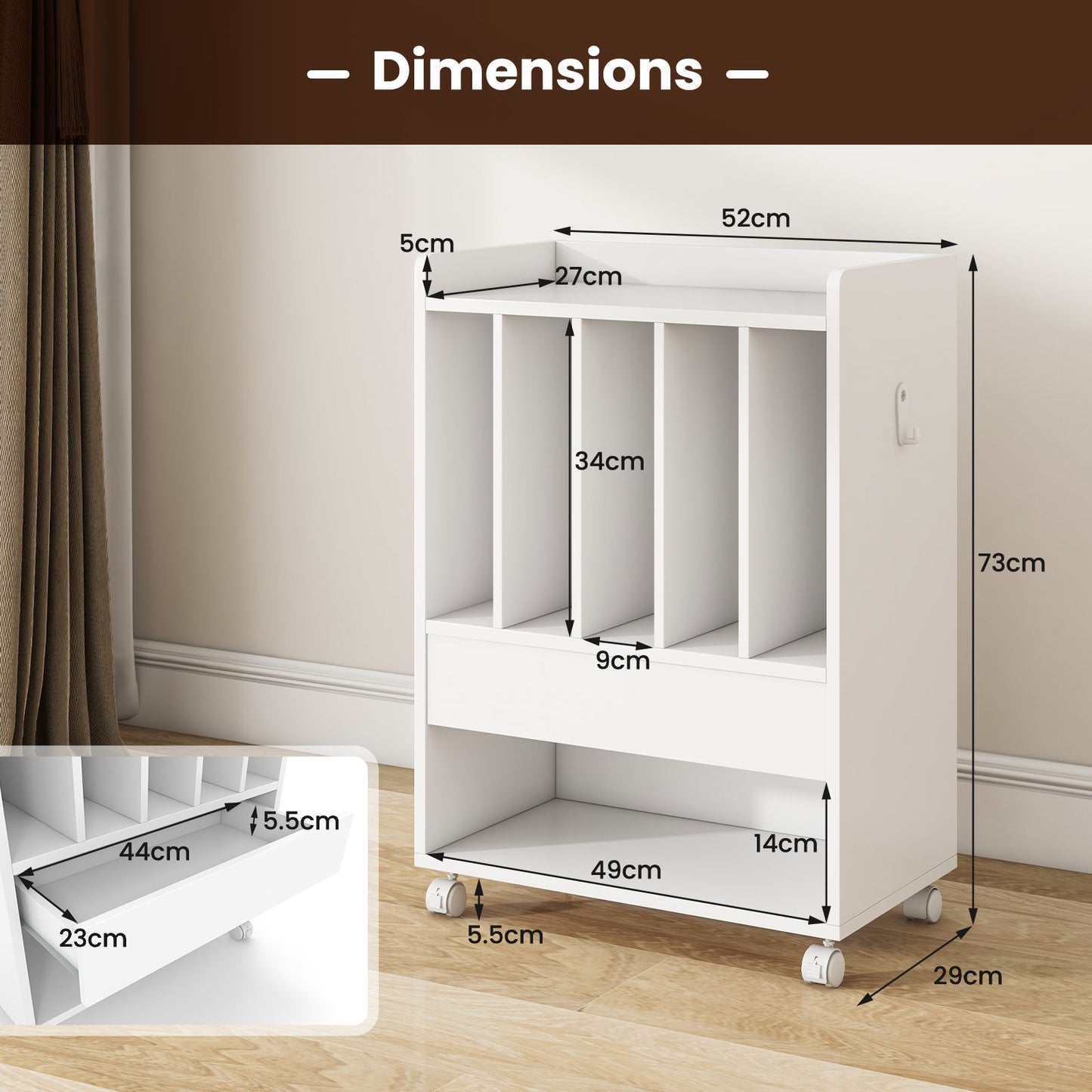 Rolling Record Player Stand with Drawer Hook and Lockable Wheels-White
