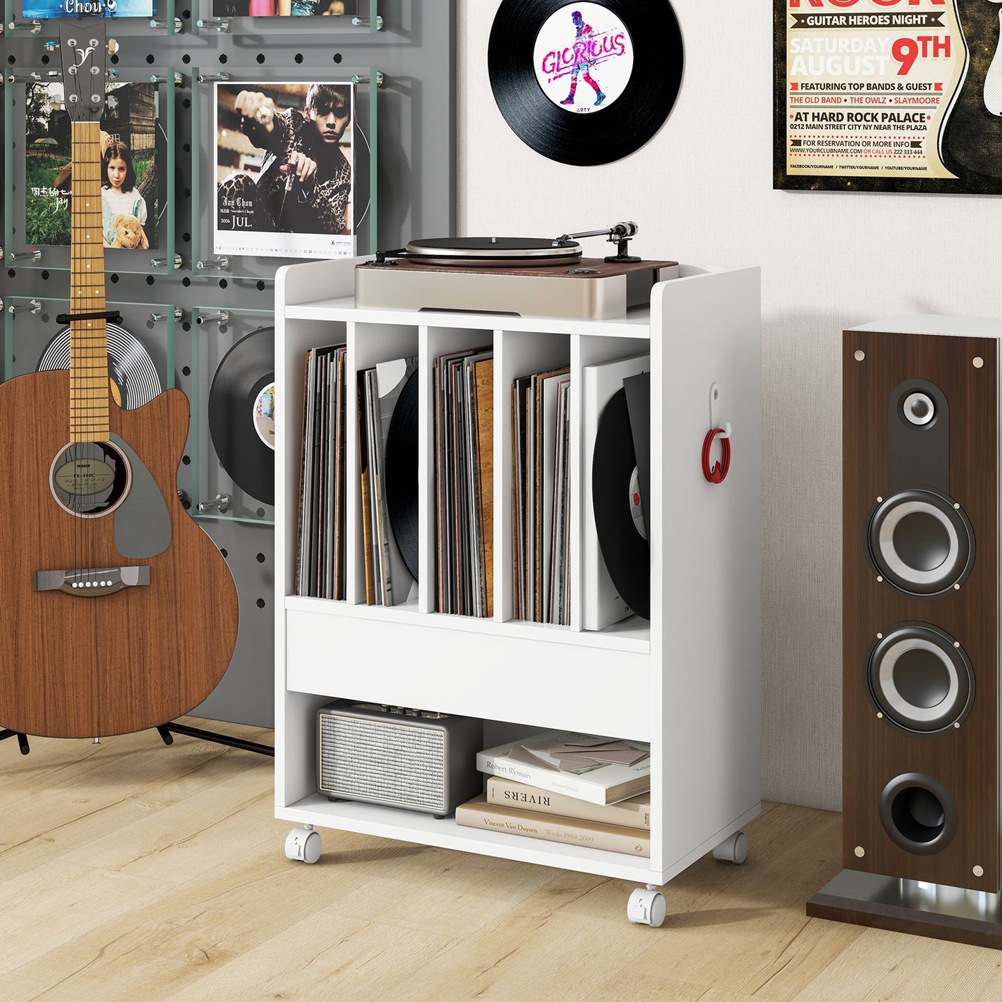 Rolling Record Player Stand with Drawer Hook and Lockable Wheels-White