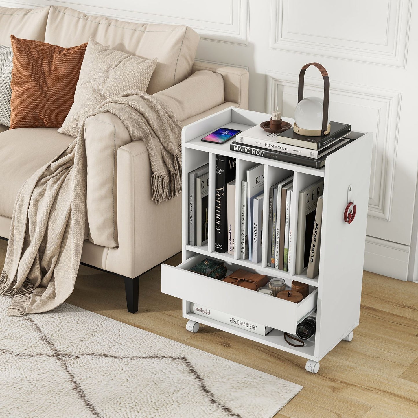 Rolling Record Player Stand with Drawer Hook and Lockable Wheels-White