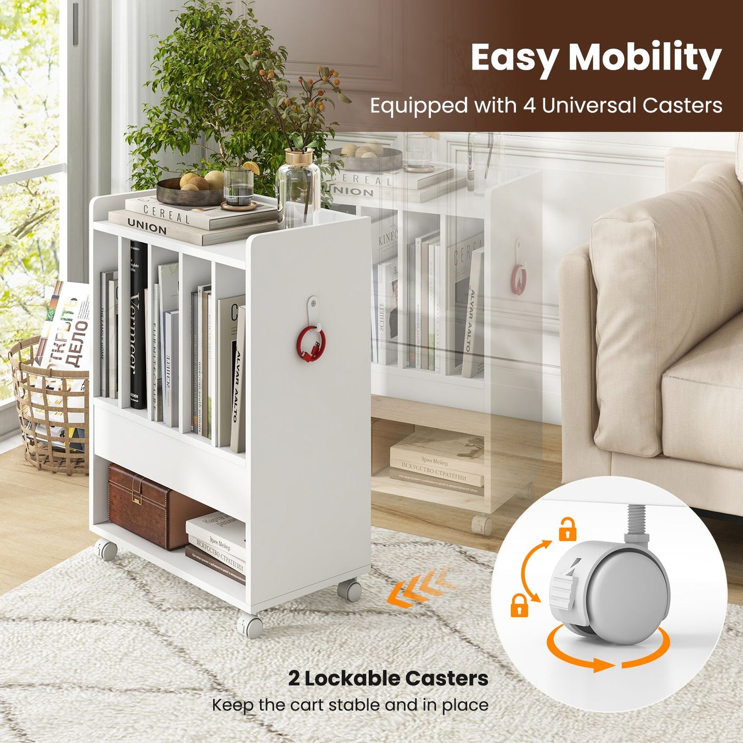 Rolling Record Player Stand with Drawer Hook and Lockable Wheels-White
