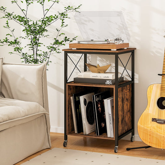 Record Player Stand with Built-in Charging Station-Brown