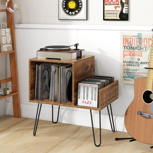 Record Player Stand with Power Outlet and Removable Dividers-Rustic Brown
