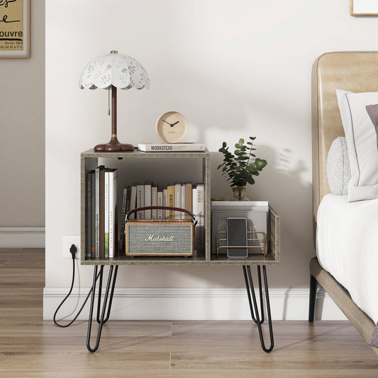 Record Player Stand with Power Outlet and Removable Dividers-Grey