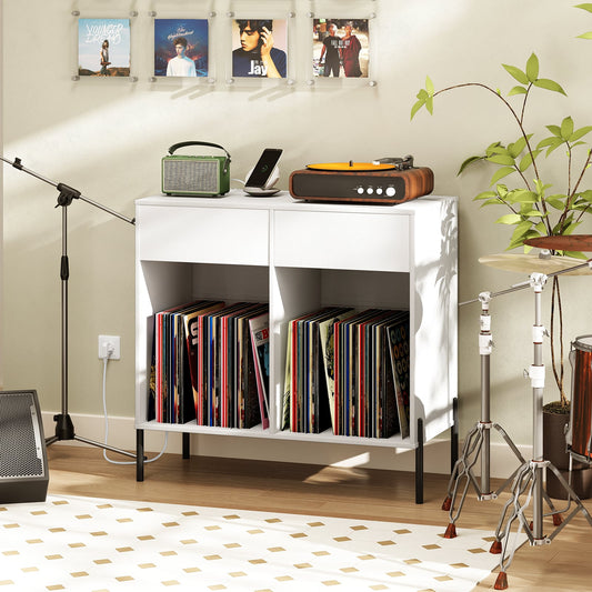 Record Player Stand with Power Outlets and Drawers for Living Room-White