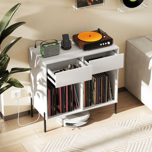 Record Player Stand with Power Outlets and Drawers for Living Room-White