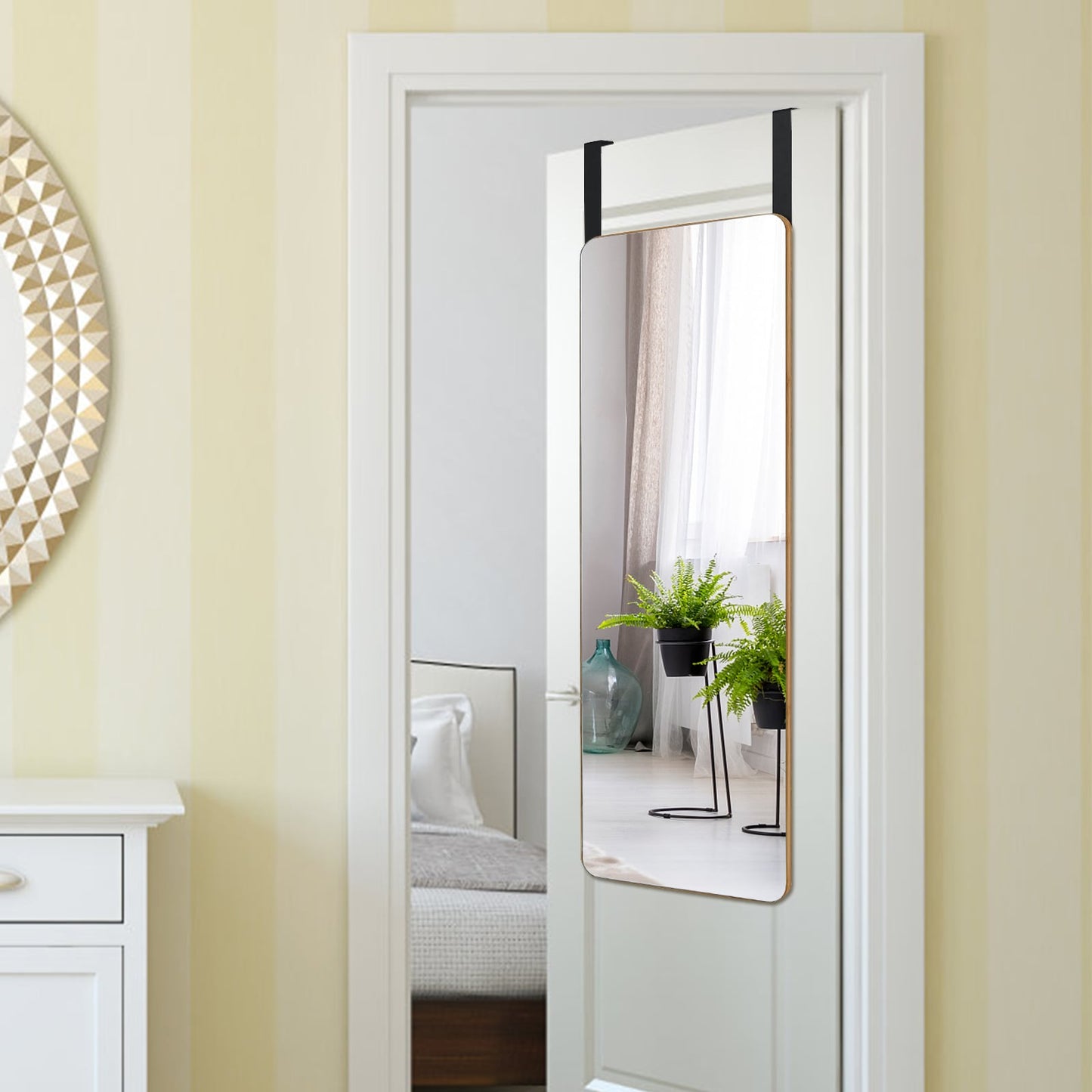 Rectangle Wall Mounted Mirror with Bamboo Frame and Round Corners-Natural