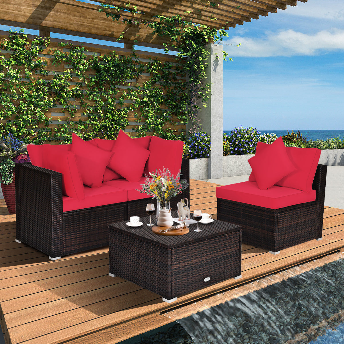 4 Pieces Outdoor Rattan Conversation Set with Removable Cushions and Pillows-Red