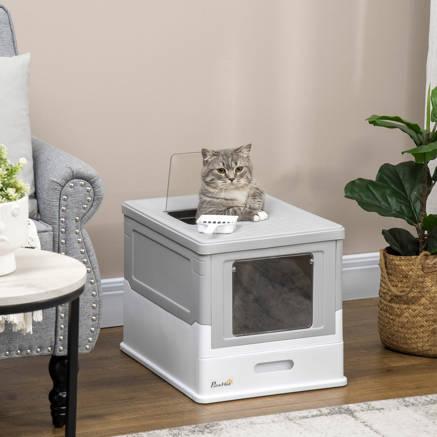 PawHut Hooded Cat Litter Box, Portable Pet Toilet, with Scoop, Front Entry - Grey