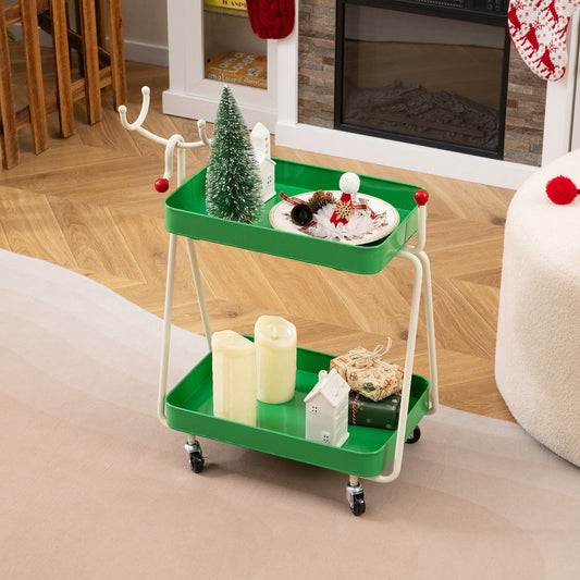 Reindeer Side Table 2-Tier Christmas Rolling Cart with Metal Frame and Wheels-Green